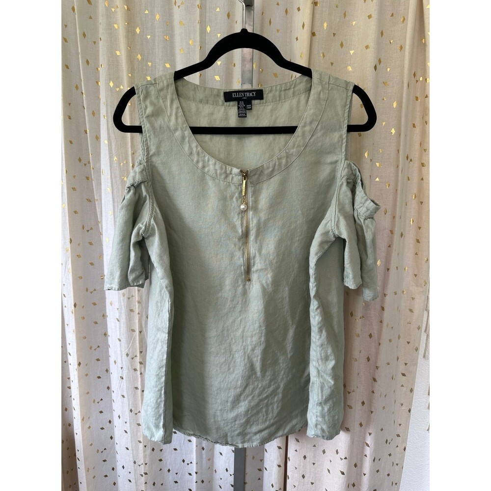 Ellen Tracy Women's 100% Linen Cold Shoulder Quarter Zip Up Front Blouse XL